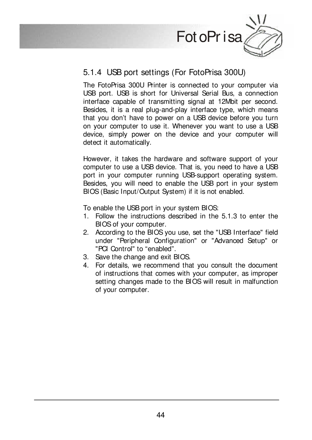 Acer 300P user manual USB port settings For FotoPrisa 300U 