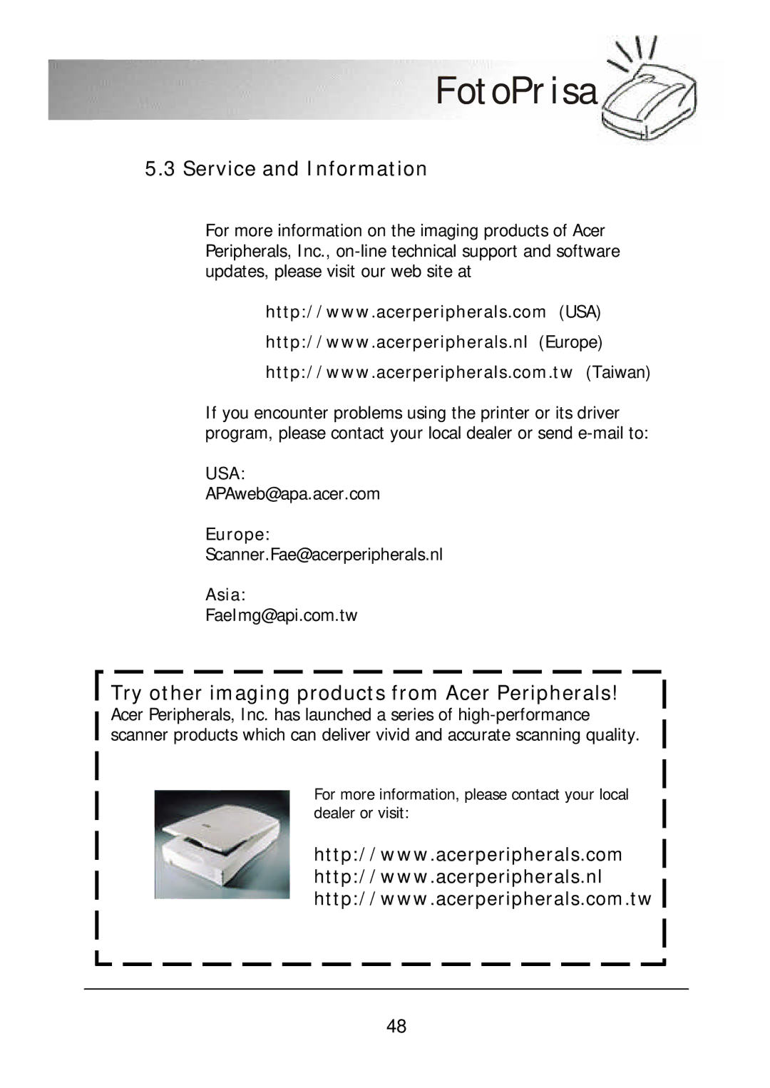 Acer 300P user manual Service and Information, Try other imaging products from Acer Peripherals, Europe, Asia 