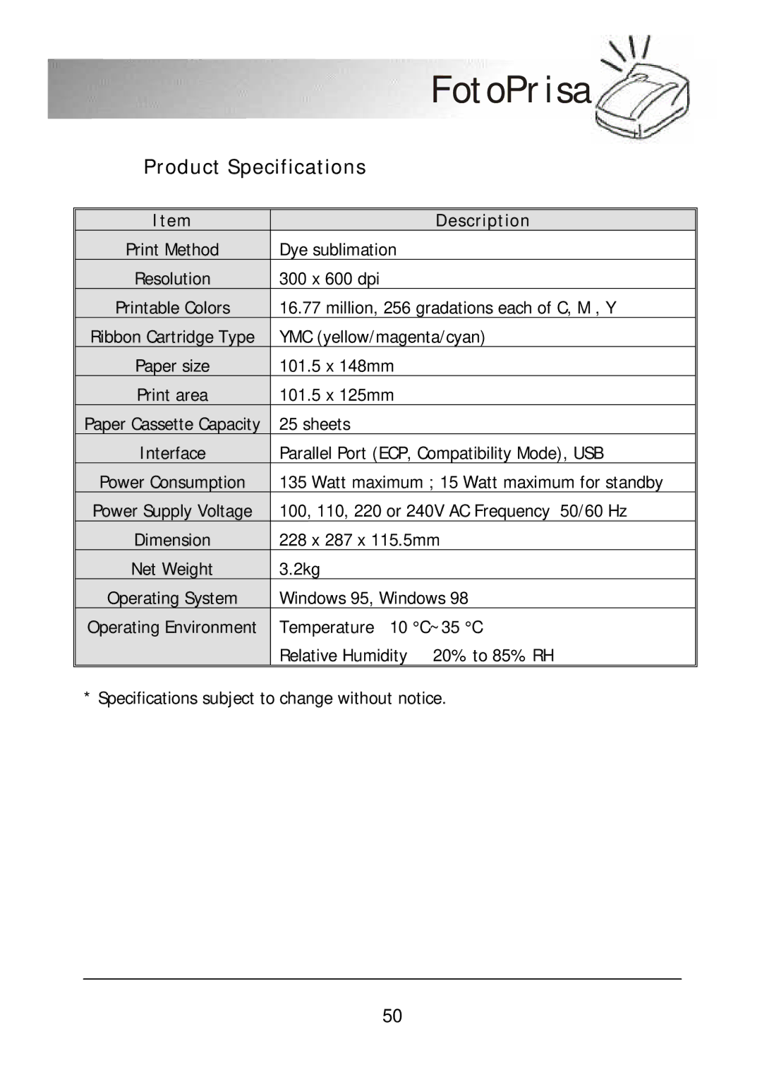 Acer 300P user manual Product Specifications, Description 