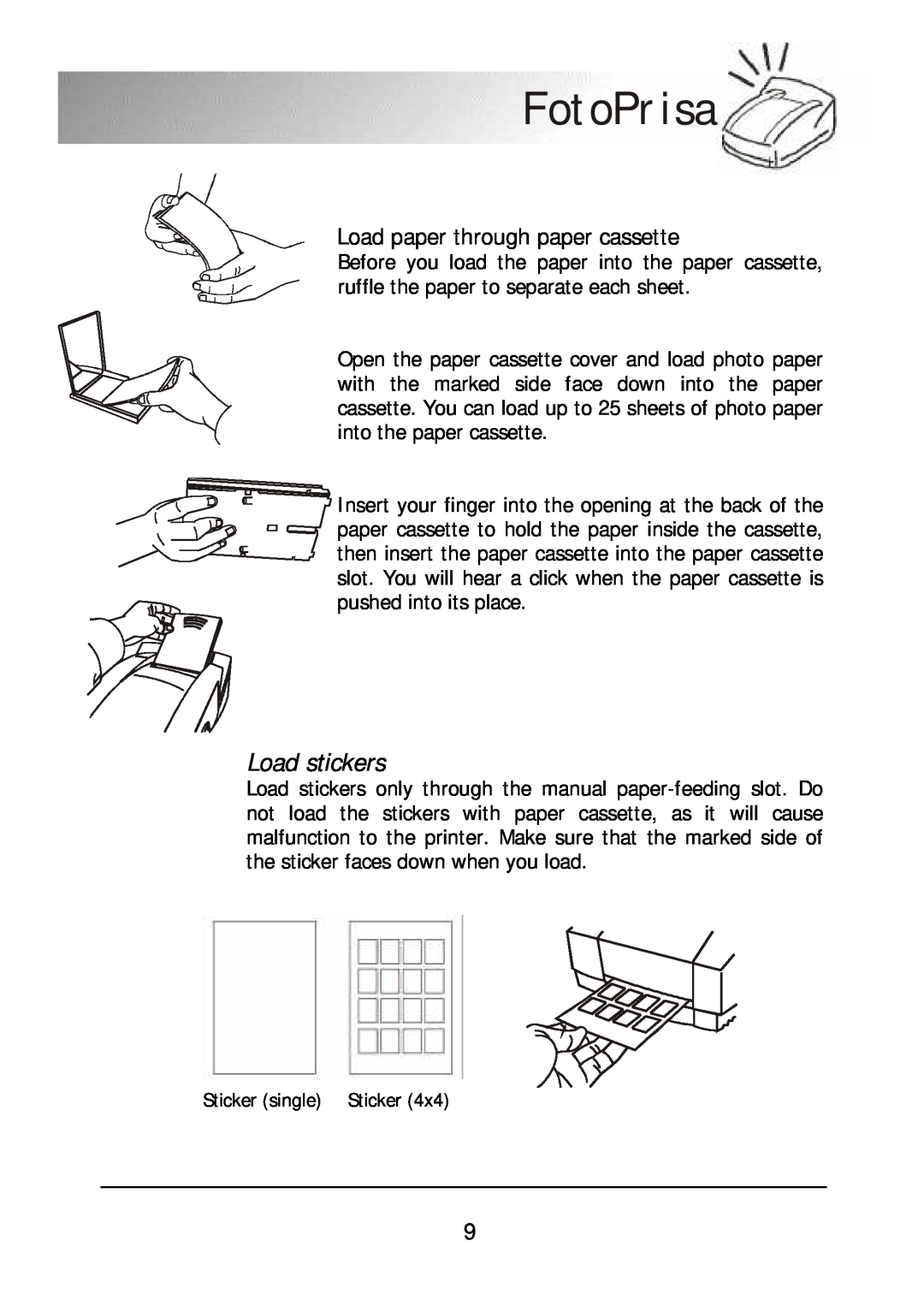 Acer 300P user manual Load stickers, Load paper through paper cassette, FotoPrisa 