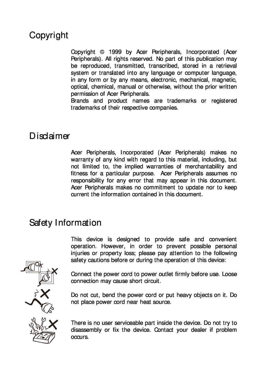 Acer 300P user manual Copyright, Disclaimer, Safety Information 