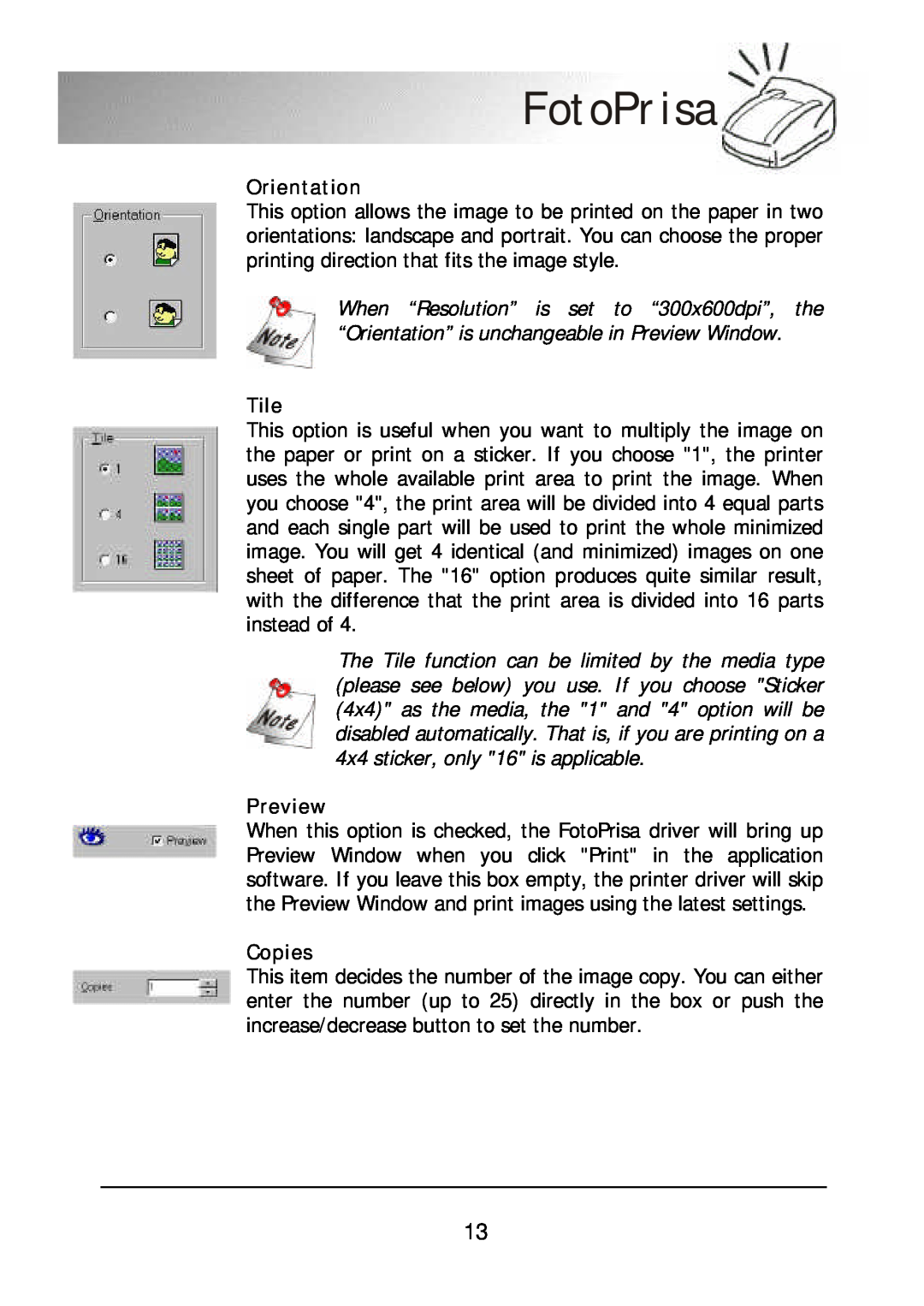 Acer 300P user manual Orientation, Tile, Preview, Copies, FotoPrisa 