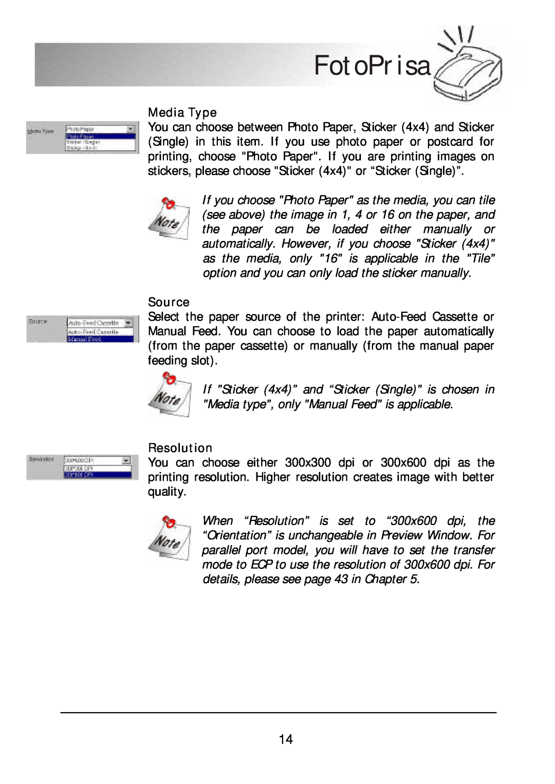 Acer 300P user manual Media Type, Source, Resolution, FotoPrisa 