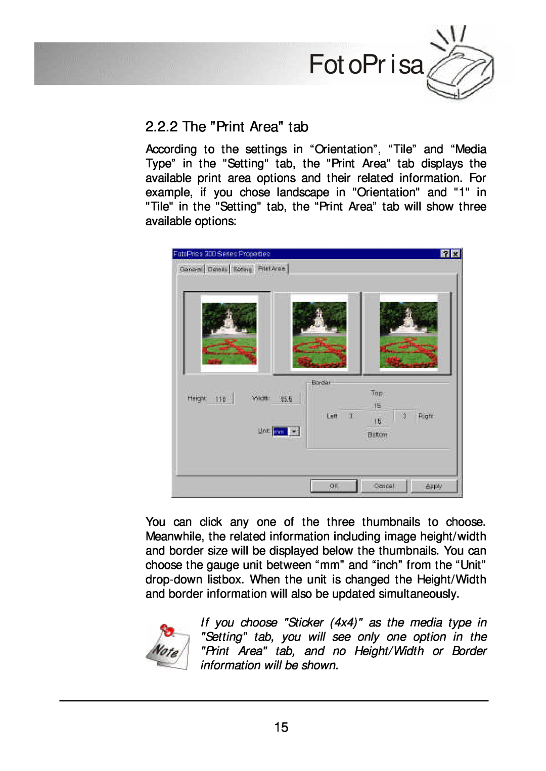 Acer 300P user manual The Print Area tab, FotoPrisa 