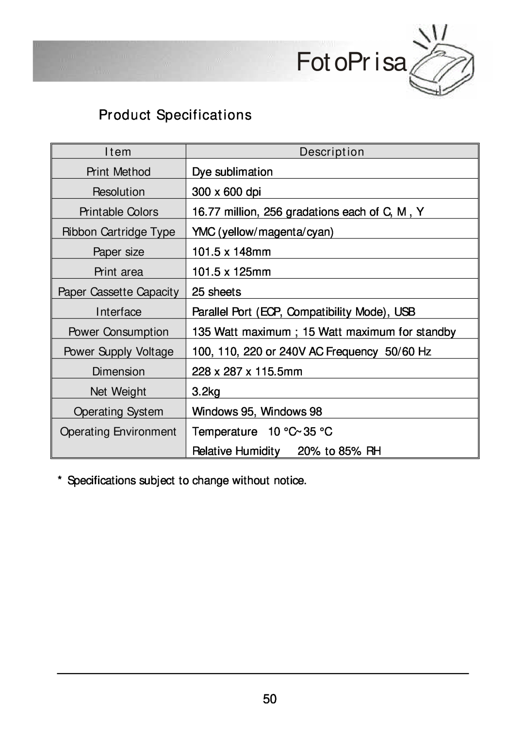 Acer 300P user manual Product Specifications, Description, FotoPrisa 