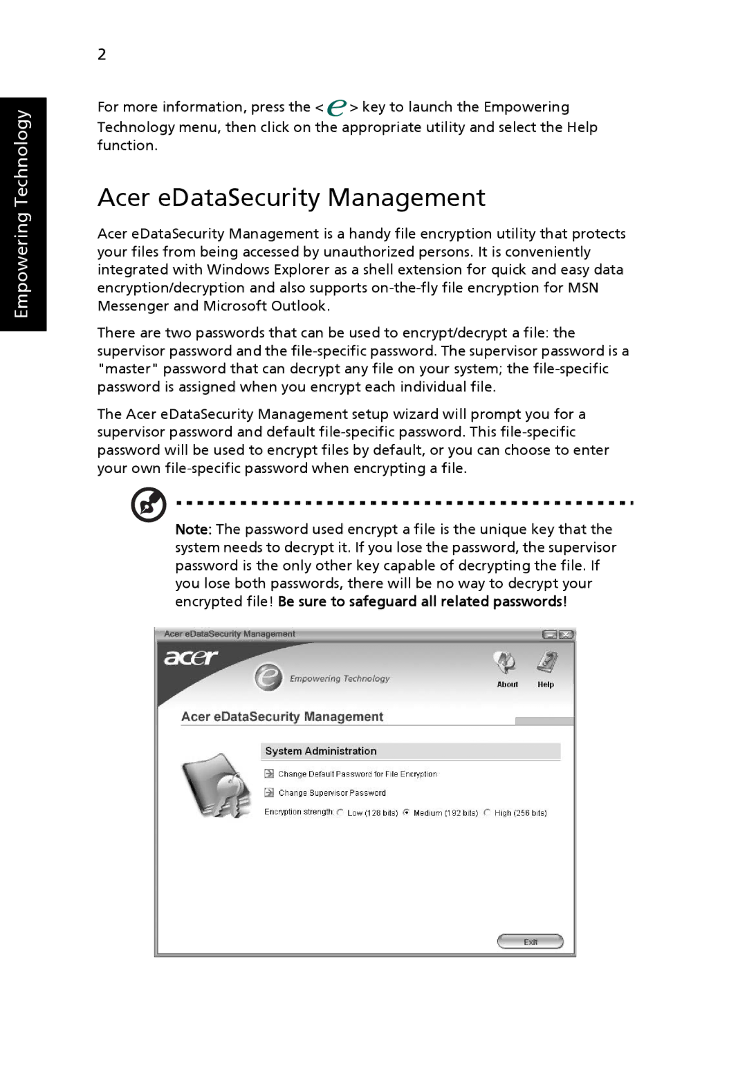 Acer 3010 manual Acer eDataSecurity Management 