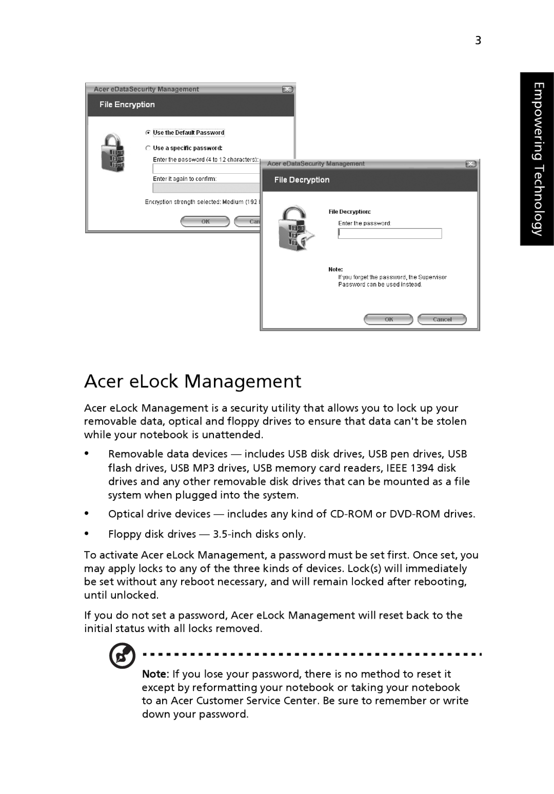 Acer 3010 manual Acer eLock Management 