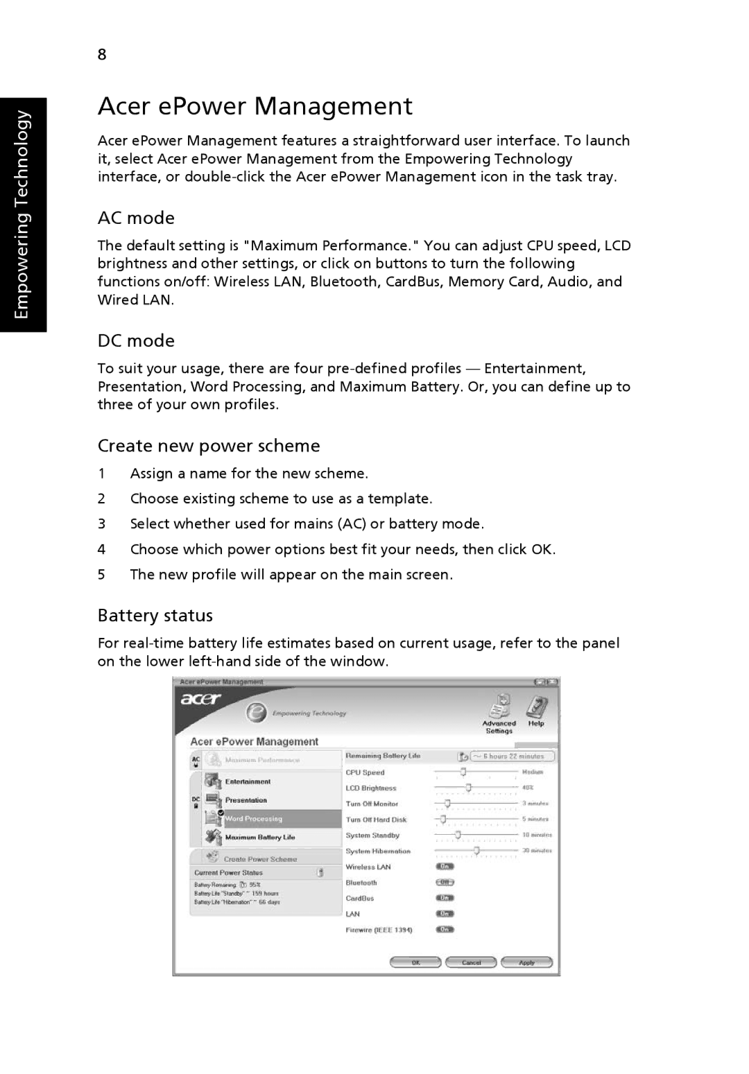 Acer 3010 manual Acer ePower Management, AC mode, DC mode, Create new power scheme, Battery status 