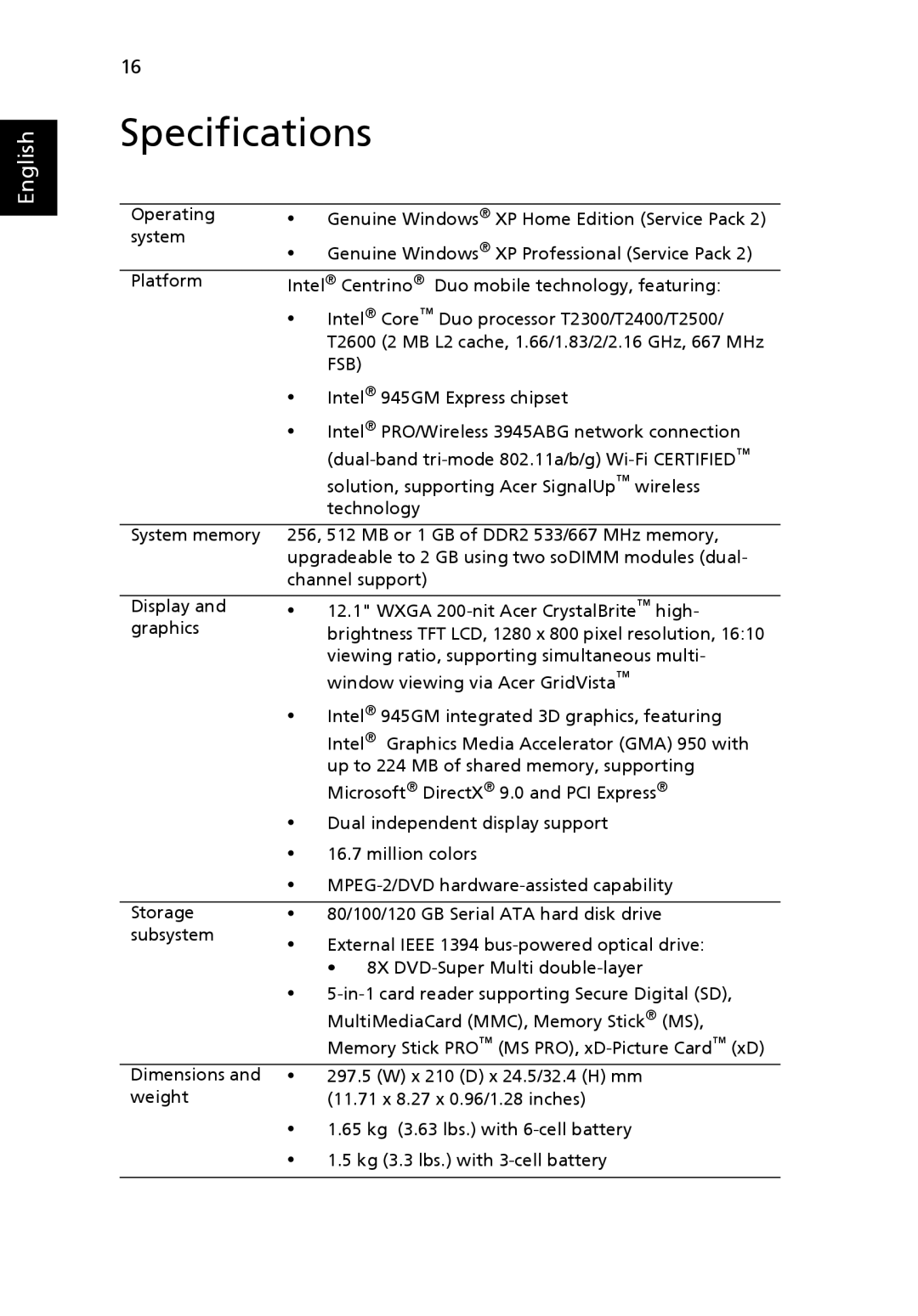 Acer 3010 manual Specifications, Fsb 