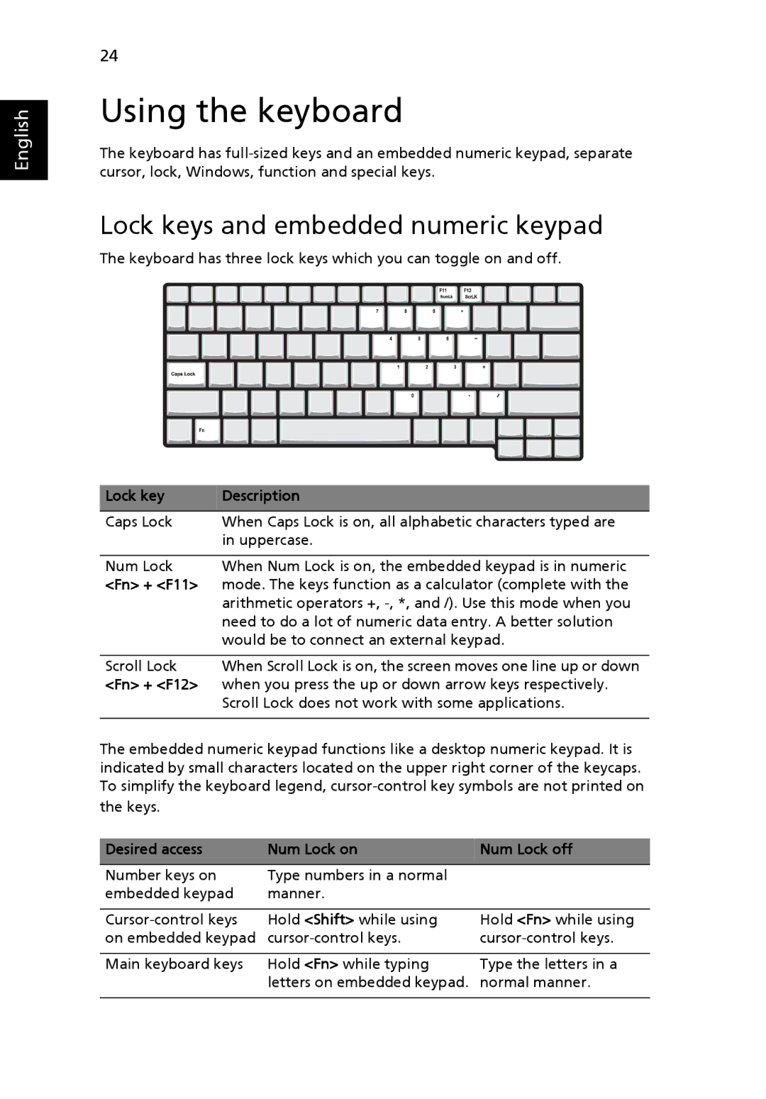 Acer 3010 manual Using the keyboard, Lock keys and embedded numeric keypad 