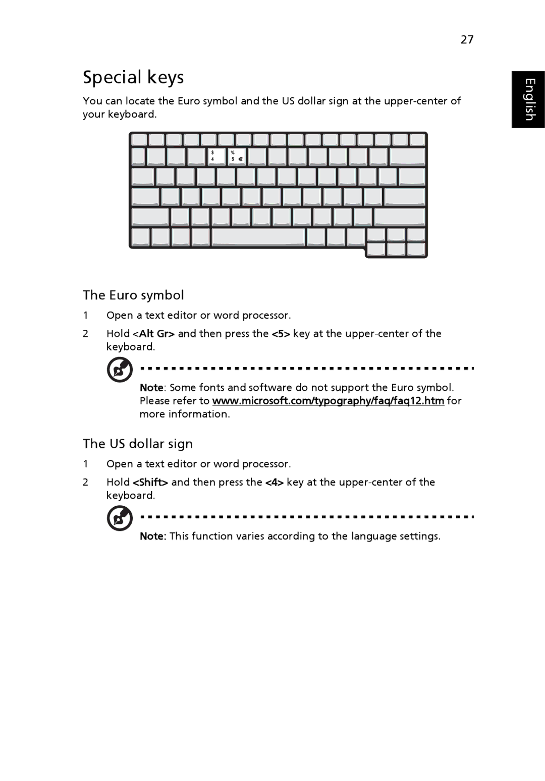 Acer 3010 manual Special keys, Euro symbol, US dollar sign 