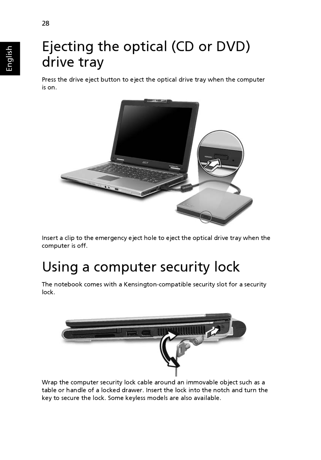 Acer 3010 manual Ejecting the optical CD or DVD drive tray, Using a computer security lock 