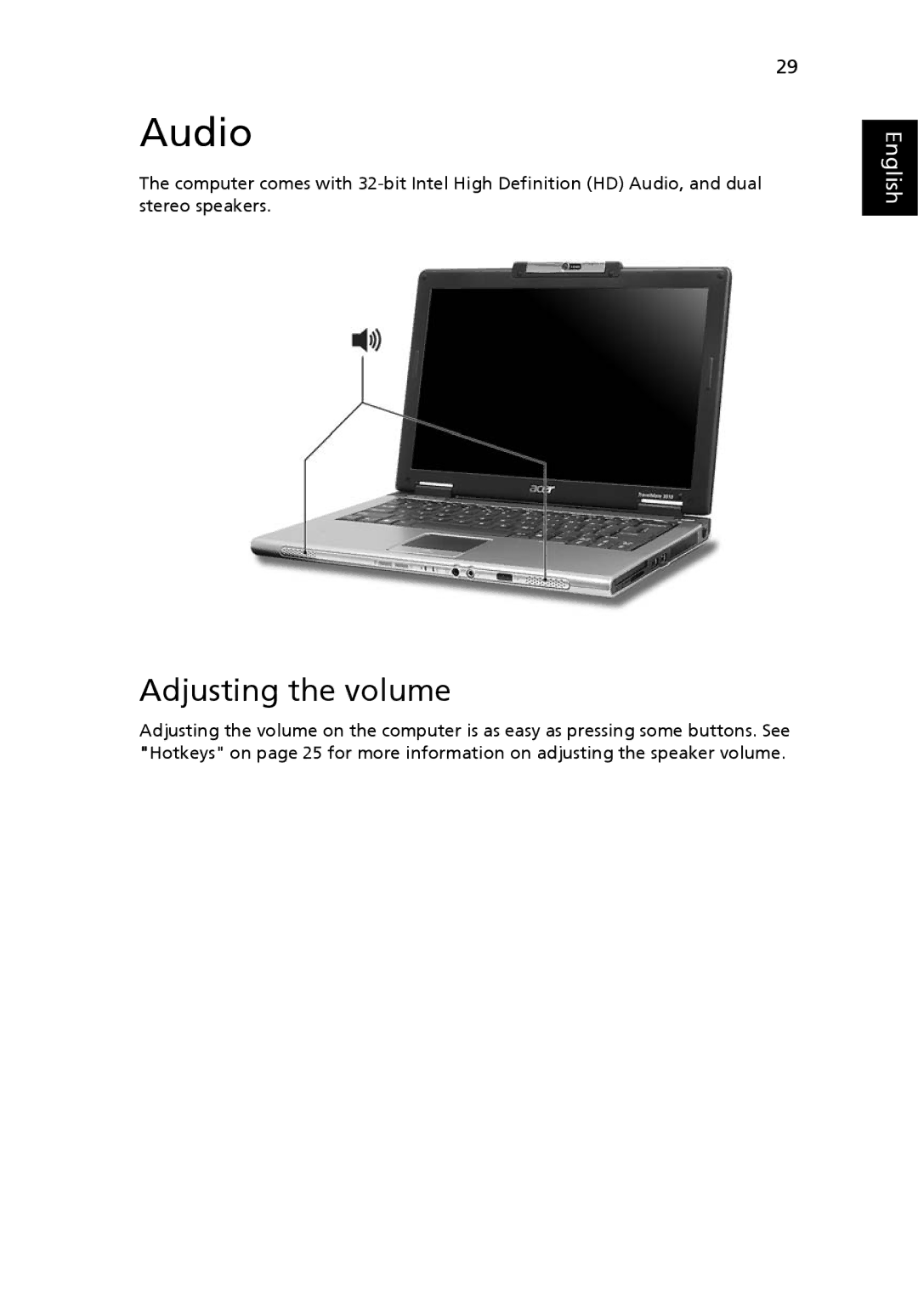 Acer 3010 manual Audio, Adjusting the volume 