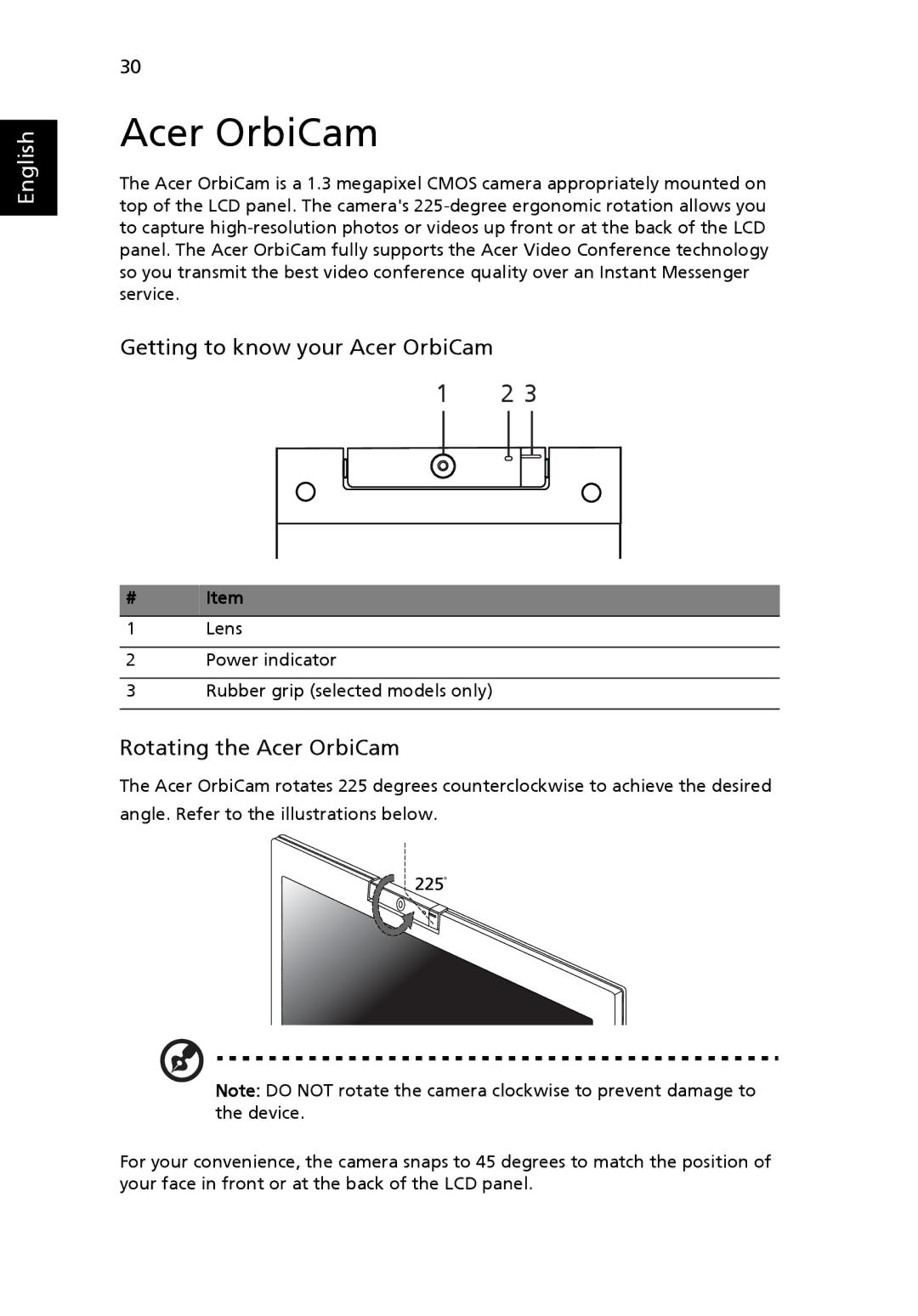 Acer 3010 manual Getting to know your Acer OrbiCam, Rotating the Acer OrbiCam, # Item 