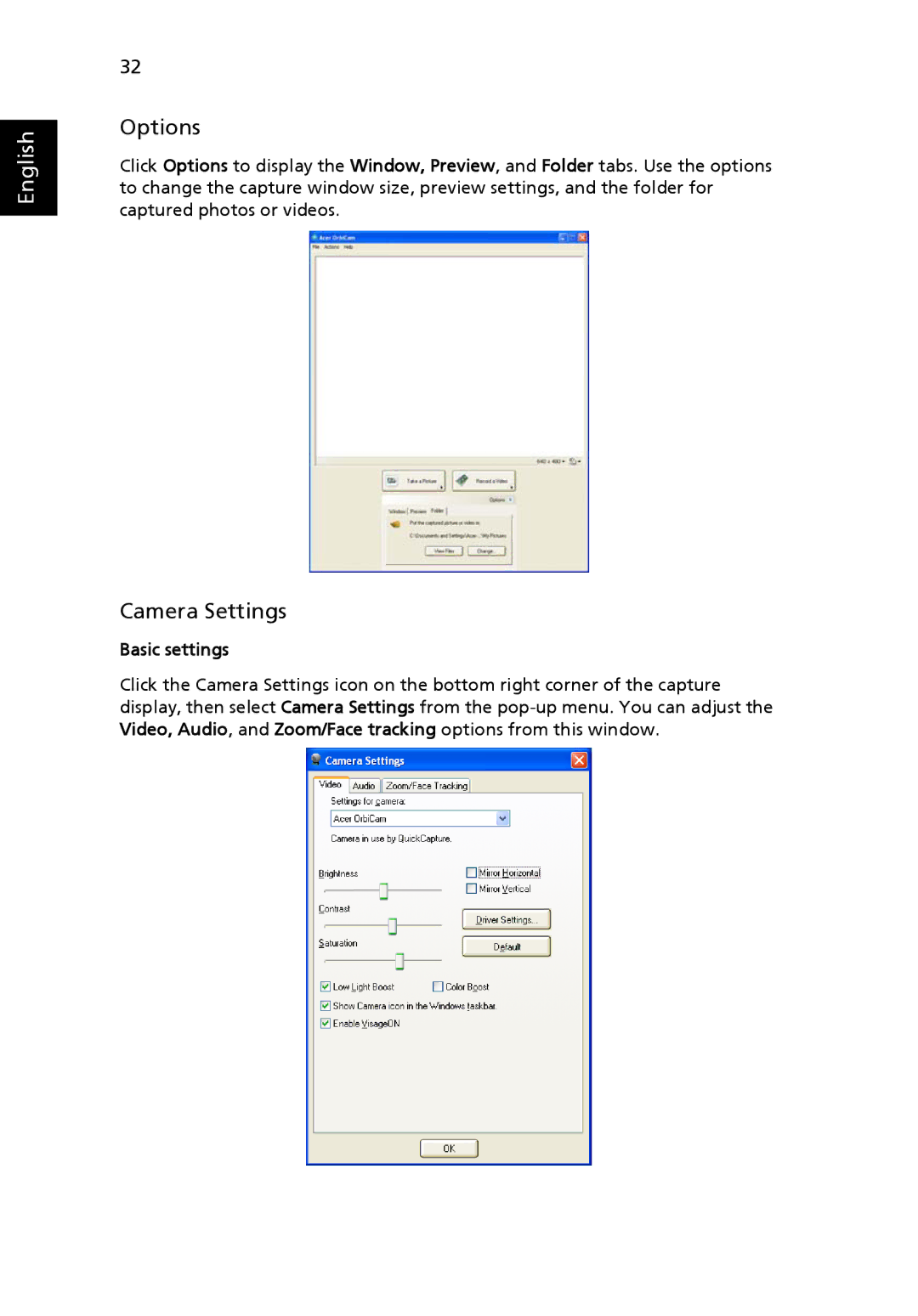 Acer 3010 manual Options, Camera Settings, Basic settings 