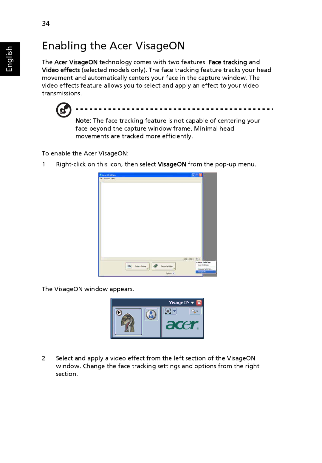 Acer 3010 manual Enabling the Acer VisageON 