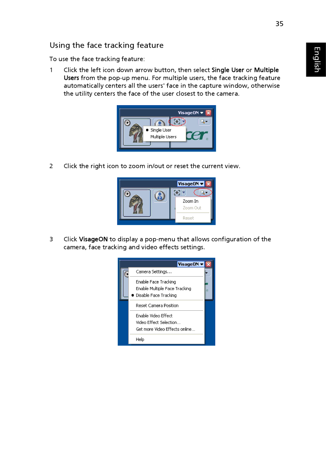 Acer 3010 manual Using the face tracking feature 