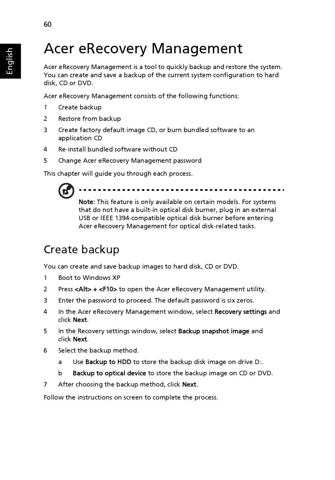 Acer 3010 manual Acer eRecovery Management, Create backup 