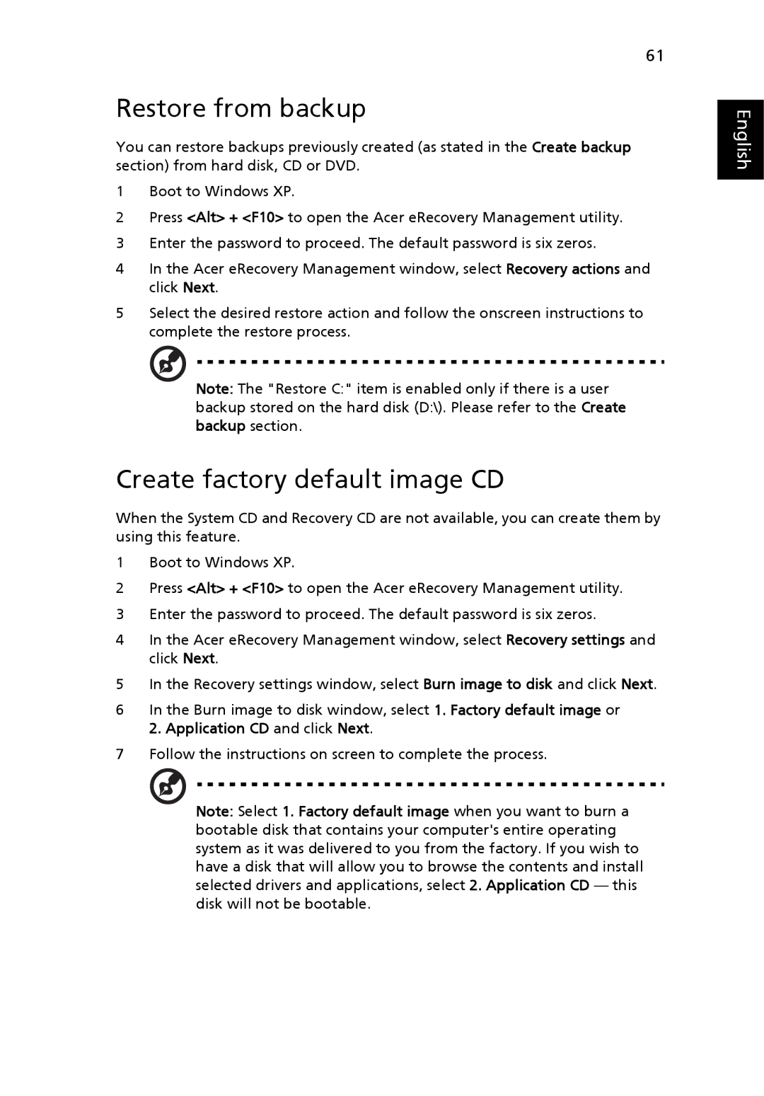 Acer 3010 manual Restore from backup, Create factory default image CD 