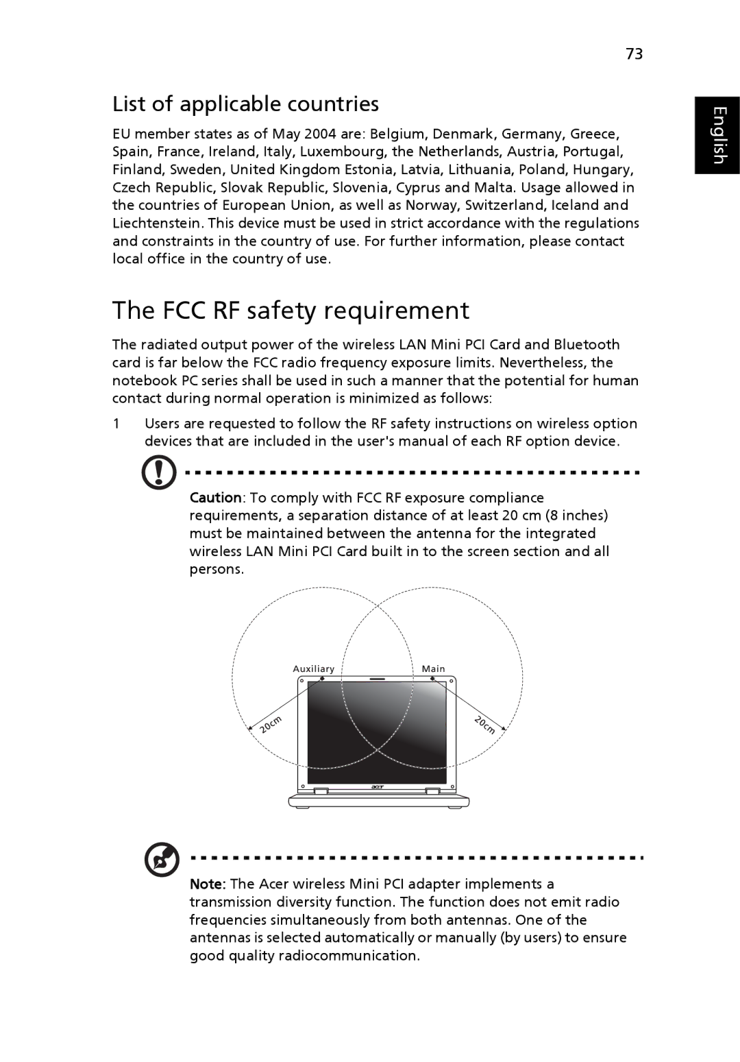 Acer 3010 manual FCC RF safety requirement, List of applicable countries 