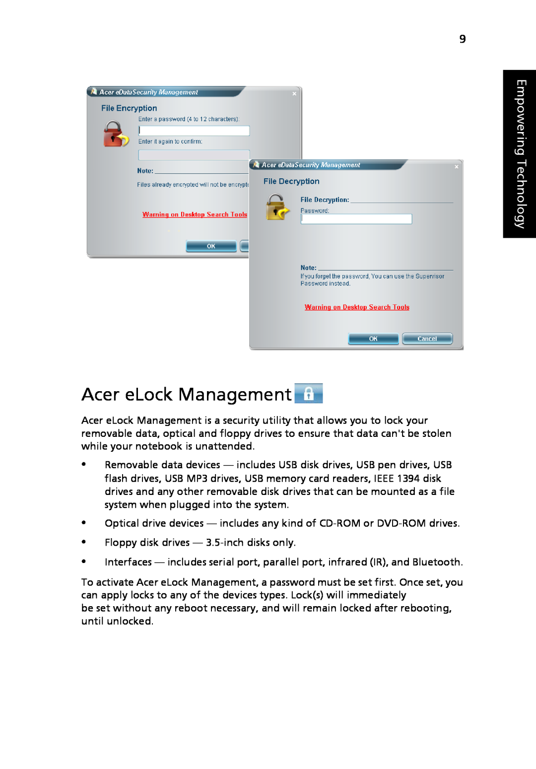 Acer 3040 Series, 3030 Series manual Acer eLock Management, Empowering Technology 