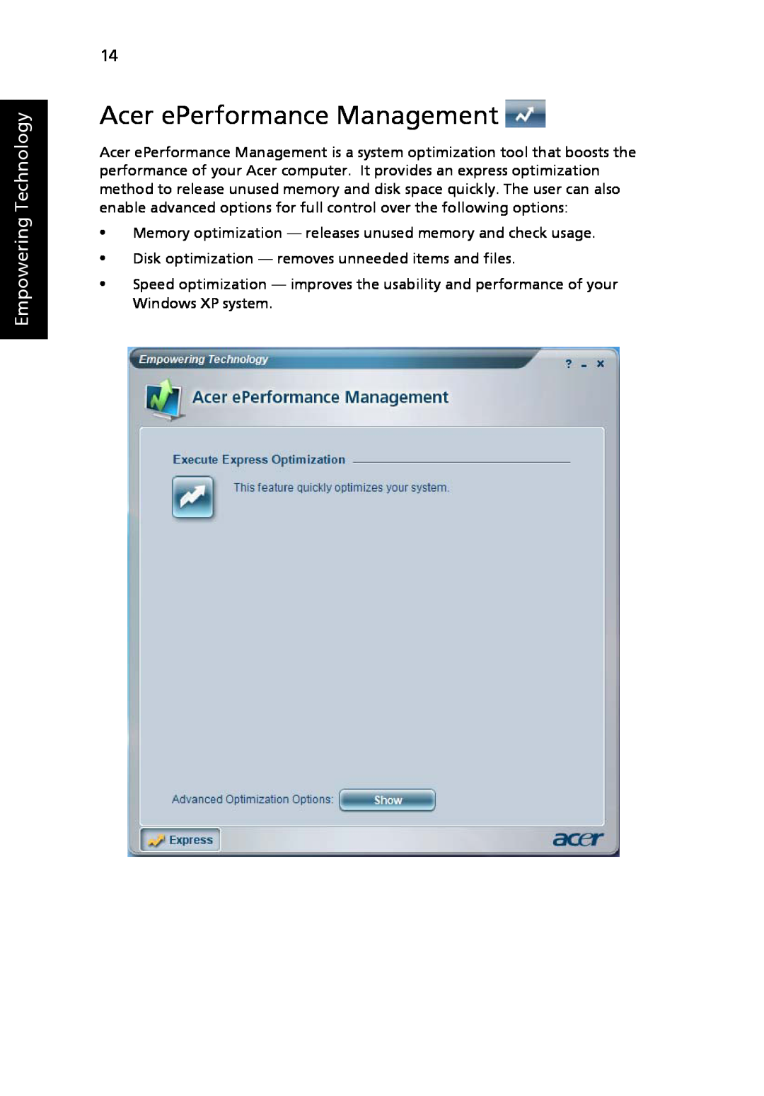 Acer 3030 Series, 3040 Series manual Acer ePerformance Management, Empowering Technology 