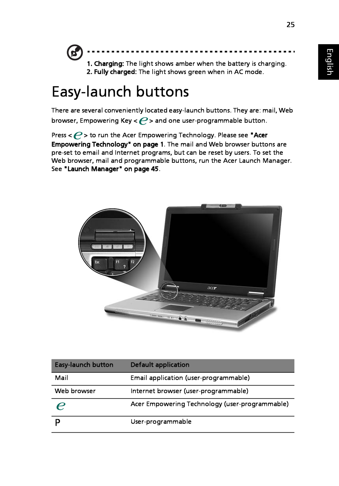 Acer 3040 Series, 3030 Series manual Easy-launch buttons, English 