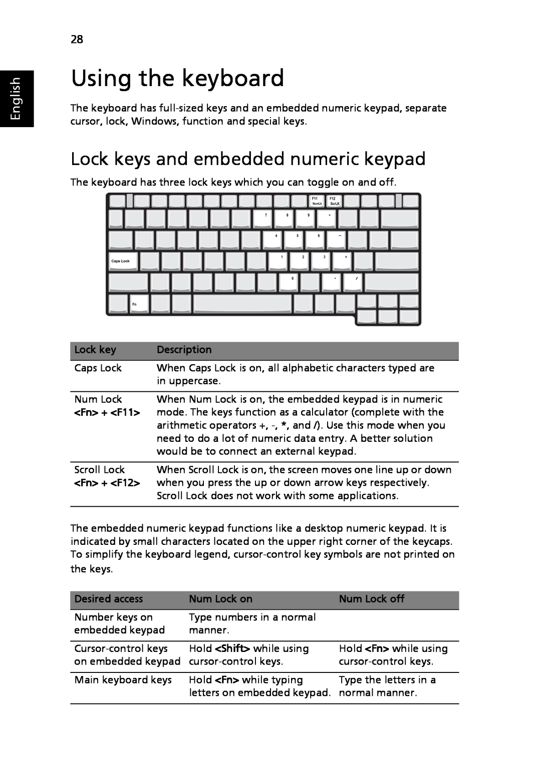 Acer 3030 Series, 3040 Series manual Using the keyboard, Lock keys and embedded numeric keypad, English 