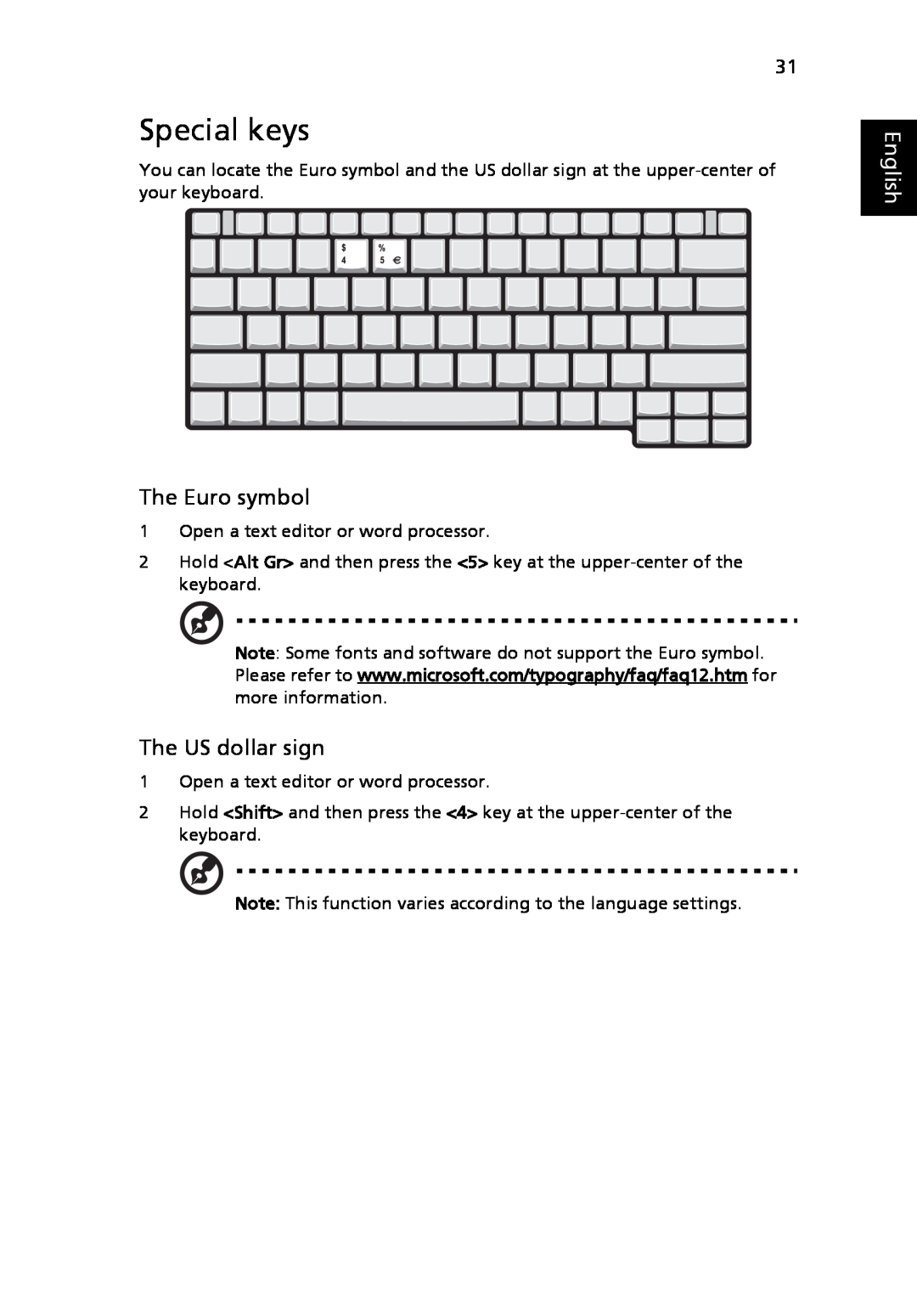 Acer 3040 Series, 3030 Series manual Special keys, The Euro symbol, The US dollar sign, English 