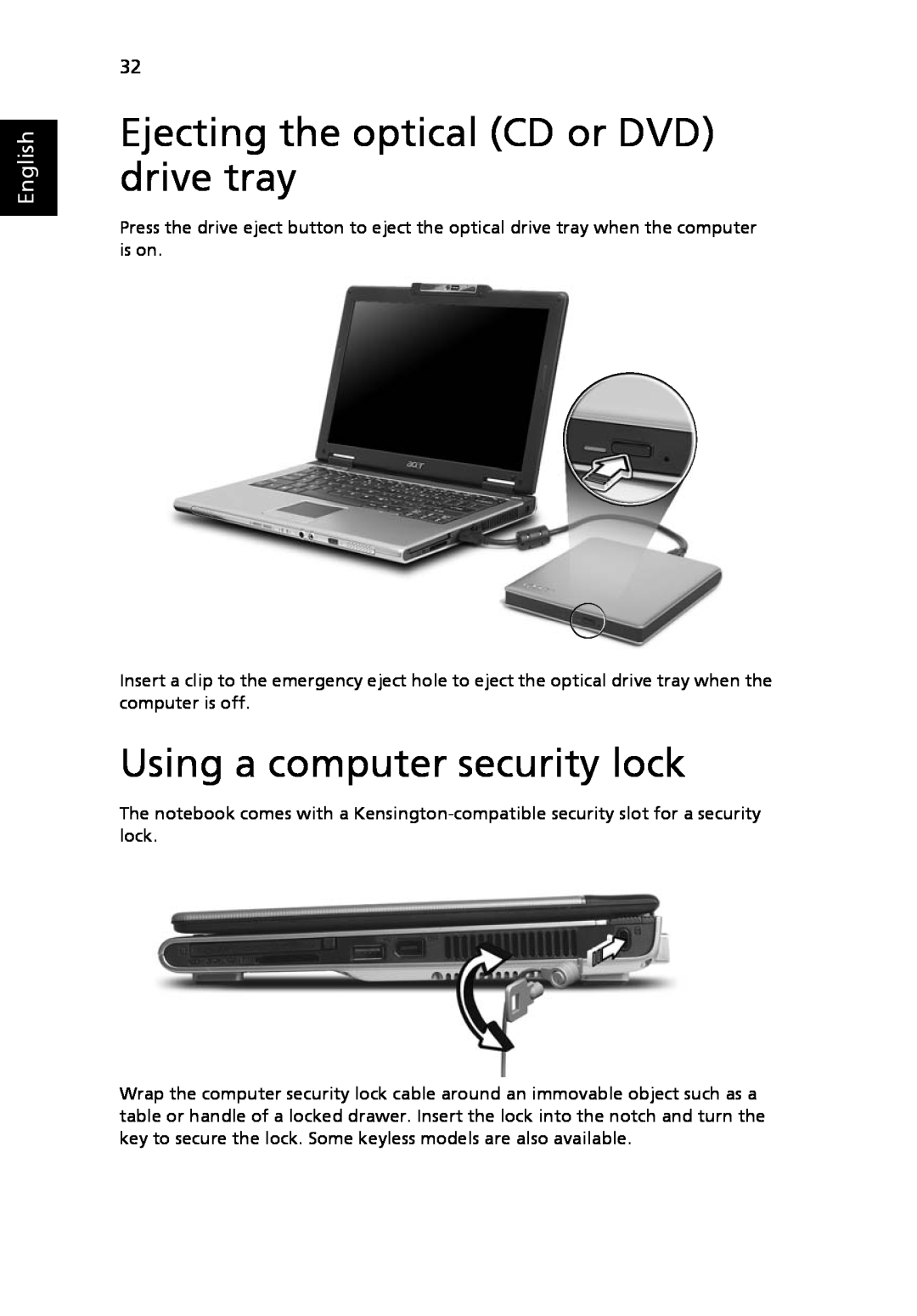 Acer 3030 Series, 3040 Series manual Ejecting the optical CD or DVD drive tray, Using a computer security lock, English 