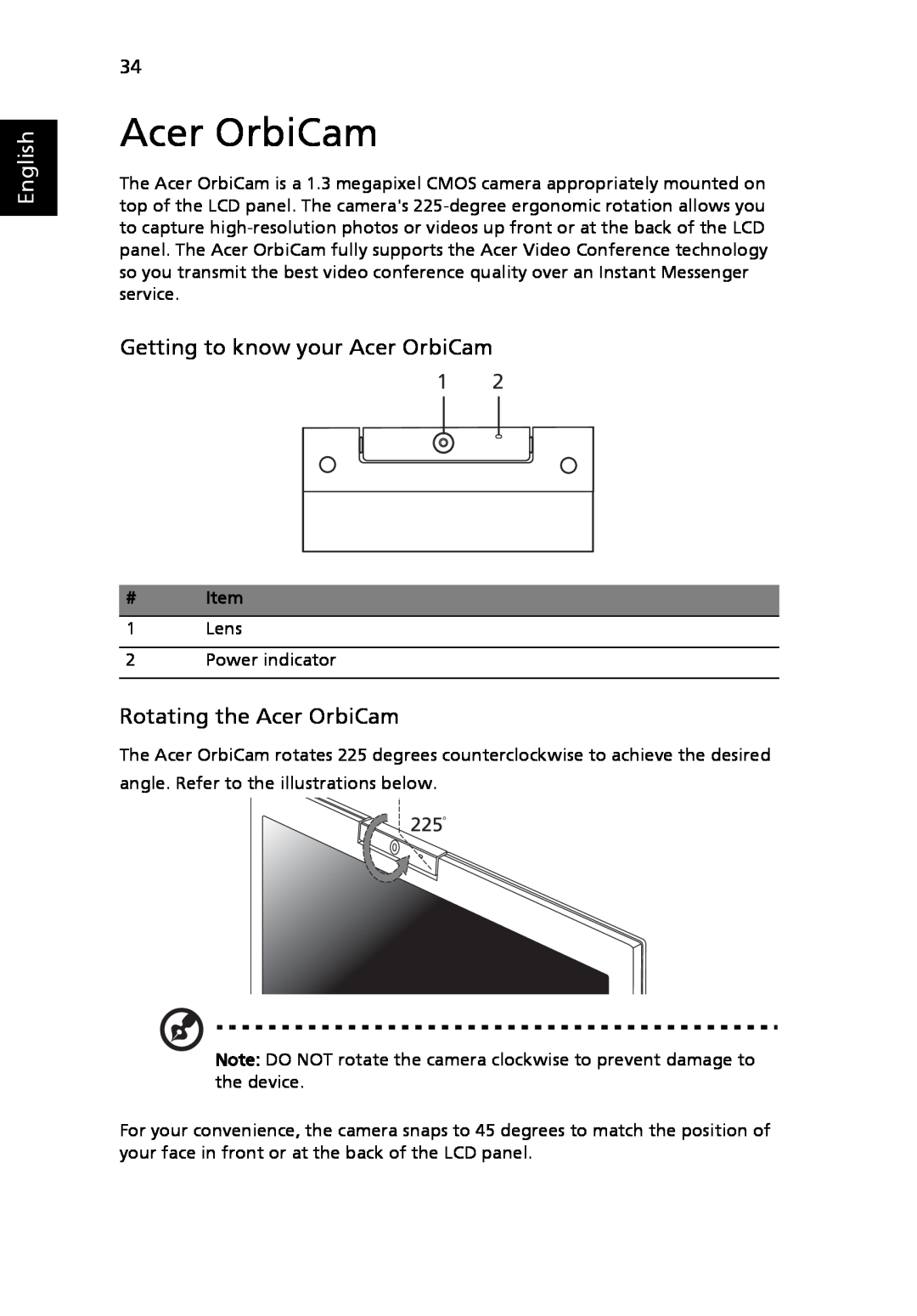 Acer 3030 Series, 3040 Series manual Getting to know your Acer OrbiCam, Rotating the Acer OrbiCam, English 