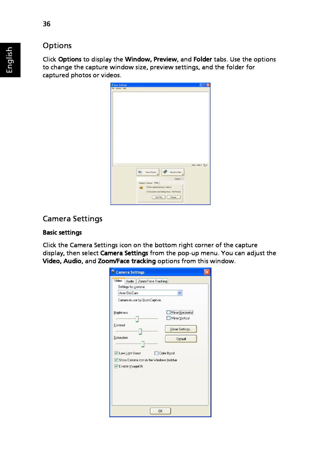 Acer 3030 Series, 3040 Series manual Options, Camera Settings, English, Basic settings 