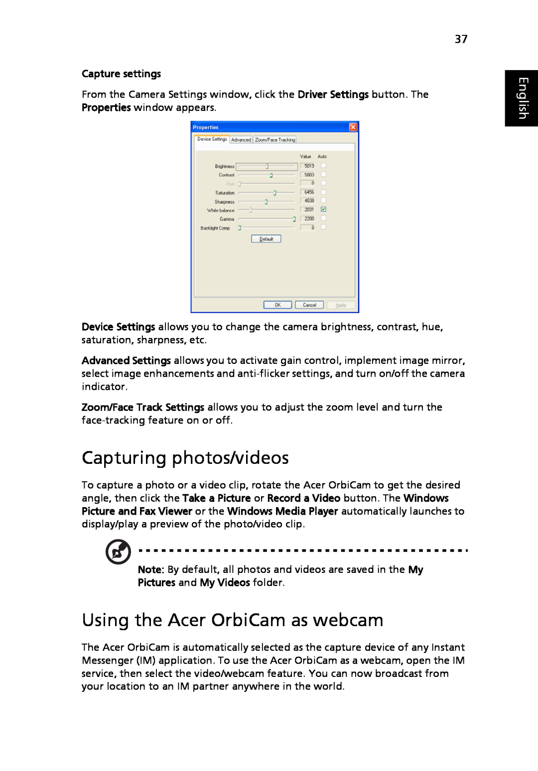 Acer 3040 Series, 3030 Series manual Capturing photos/videos, Using the Acer OrbiCam as webcam, English, Capture settings 