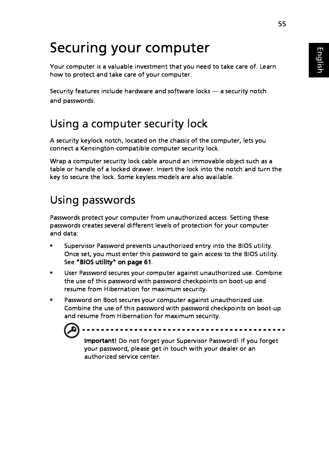 Acer 3040 Series, 3030 Series manual Securing your computer, Using a computer security lock, Using passwords, English 