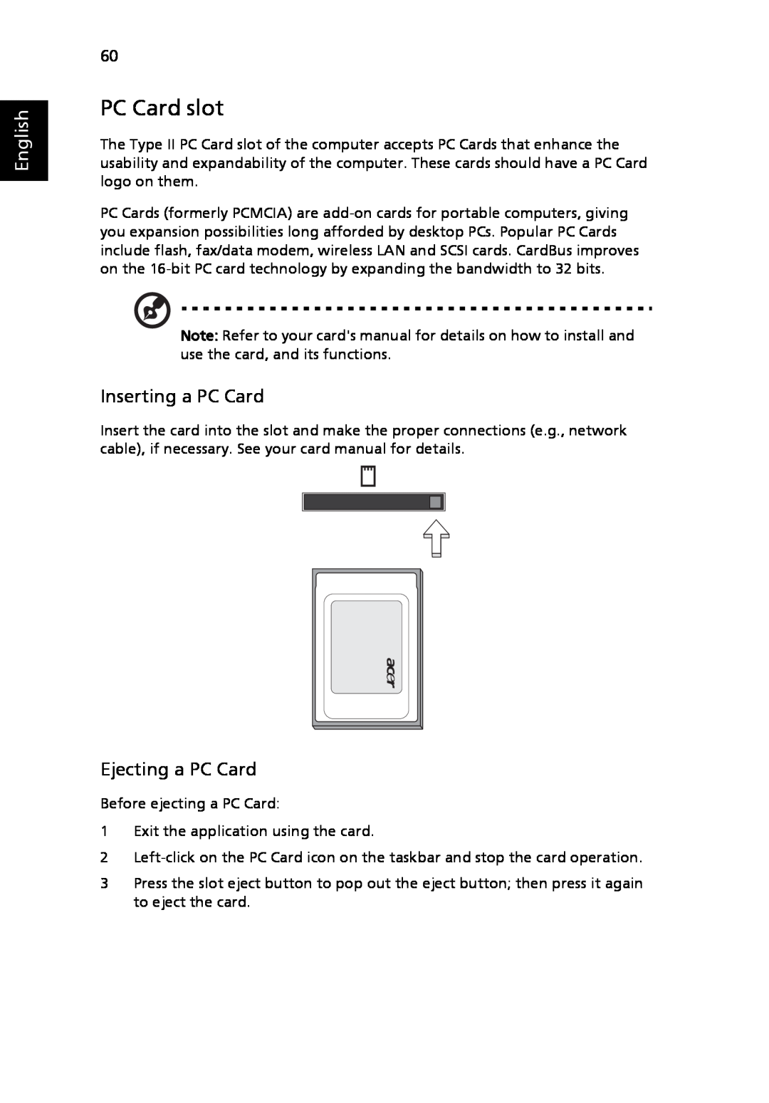 Acer 3030 Series, 3040 Series manual PC Card slot, Inserting a PC Card, Ejecting a PC Card, English 