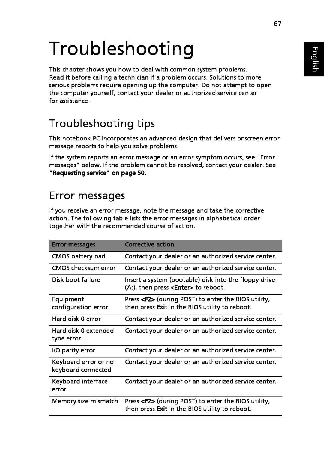 Acer 3040 Series, 3030 Series manual Troubleshooting tips, Error messages, English 