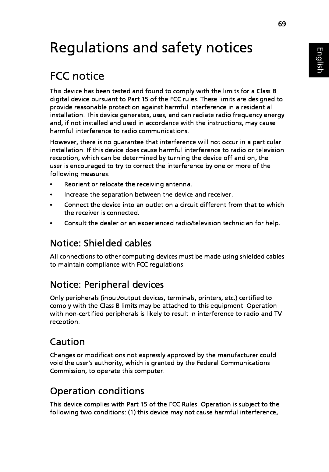 Acer 3040 Series Regulations and safety notices, FCC notice, Notice Shielded cables, Notice Peripheral devices, English 