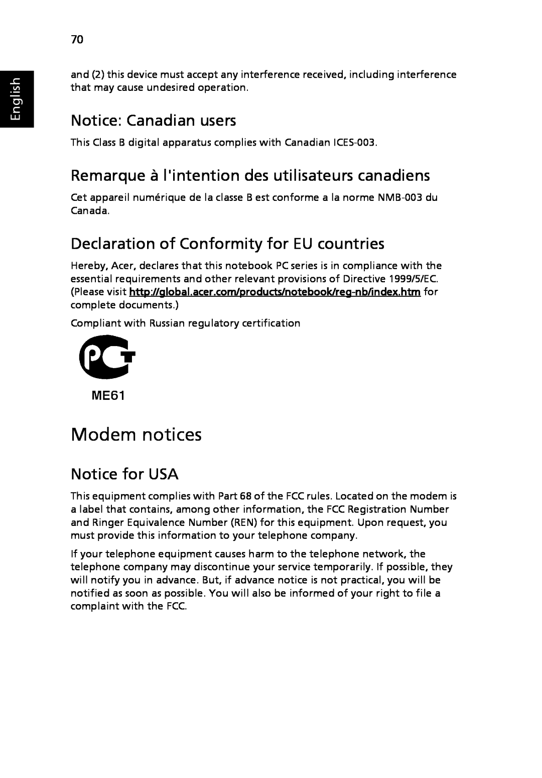 Acer 3030 Series Modem notices, Notice Canadian users, Remarque à lintention des utilisateurs canadiens, Notice for USA 