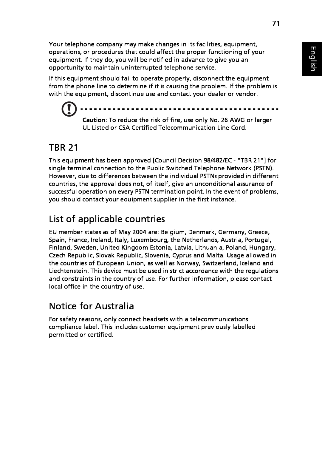 Acer 3040 Series, 3030 Series manual List of applicable countries, Notice for Australia, English 