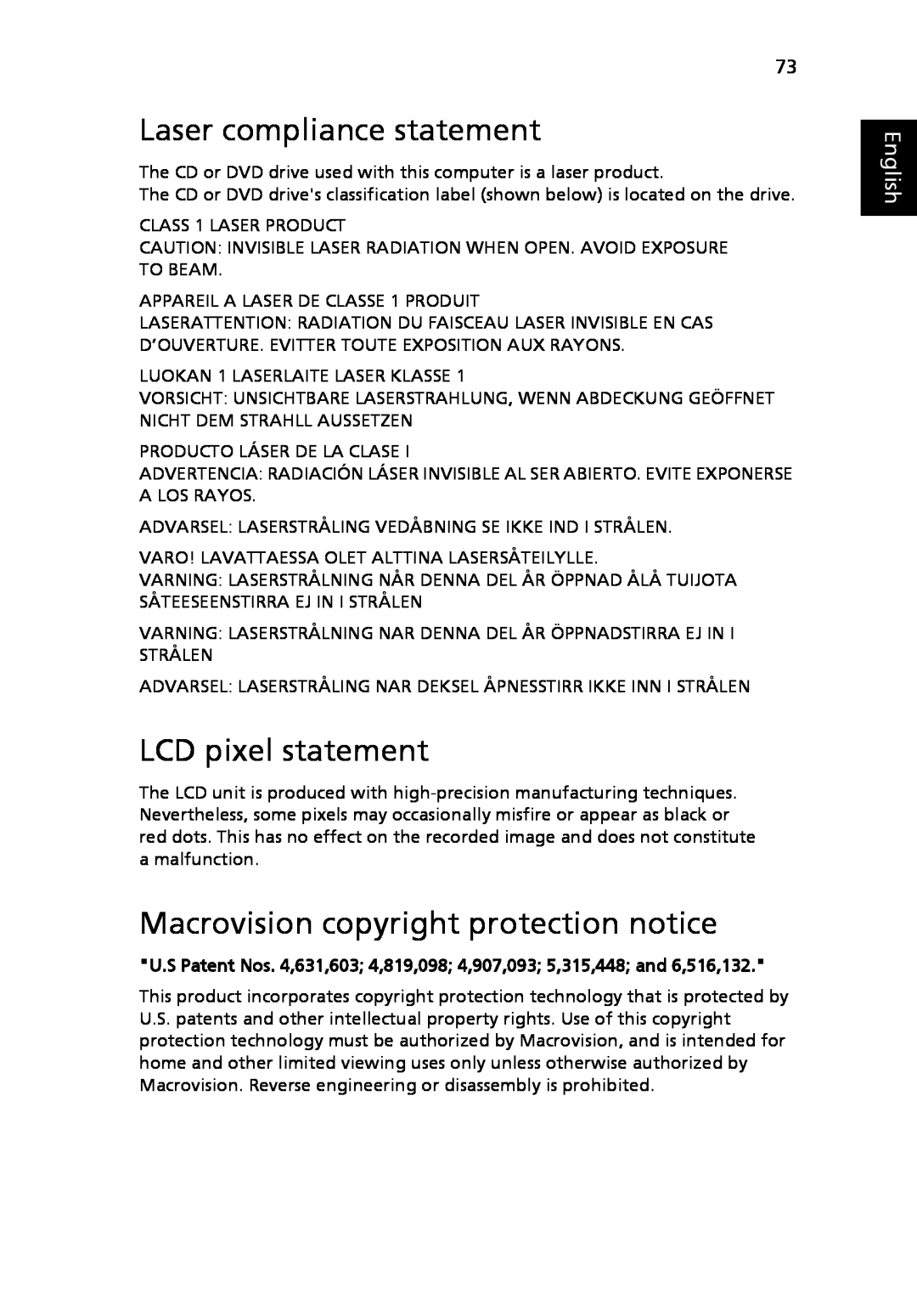 Acer 3040 Series manual Laser compliance statement, LCD pixel statement, Macrovision copyright protection notice, English 
