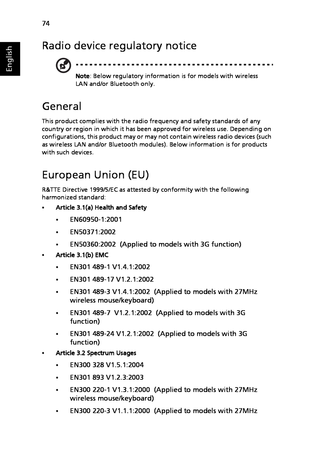 Acer 3030 Series, 3040 Series manual Radio device regulatory notice, General, European Union EU, English 