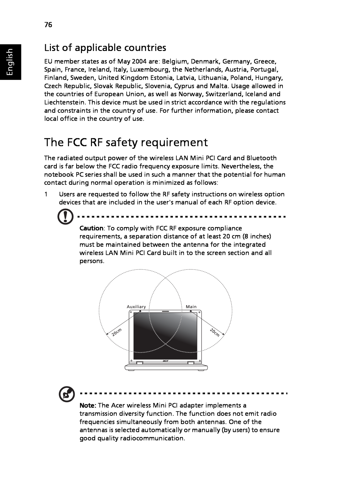 Acer 3030 Series, 3040 Series manual The FCC RF safety requirement, List of applicable countries, English 