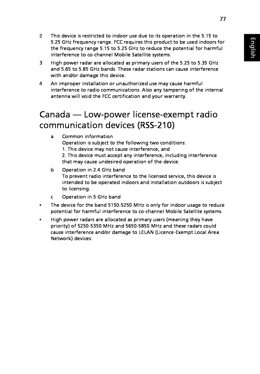 Acer 3040 Series, 3030 Series manual Canada - Low-power license-exempt radio communication devices RSS-210, English 