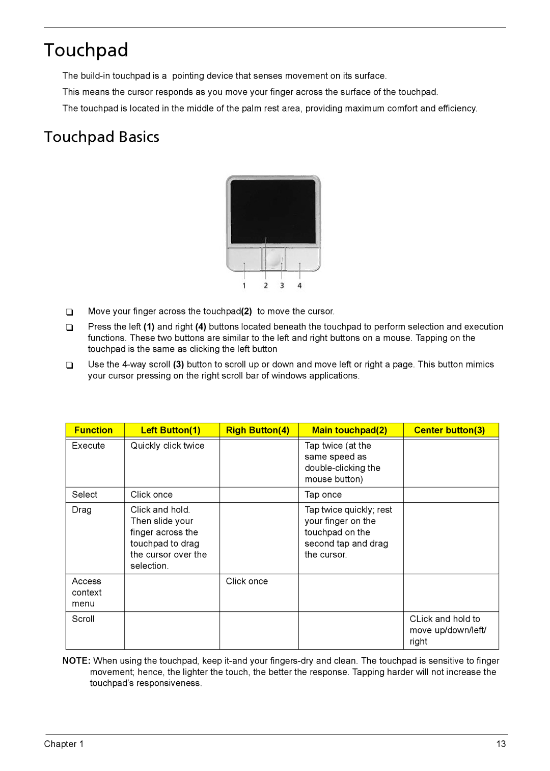 Acer 3030, 3040 manual Touchpad Basics 