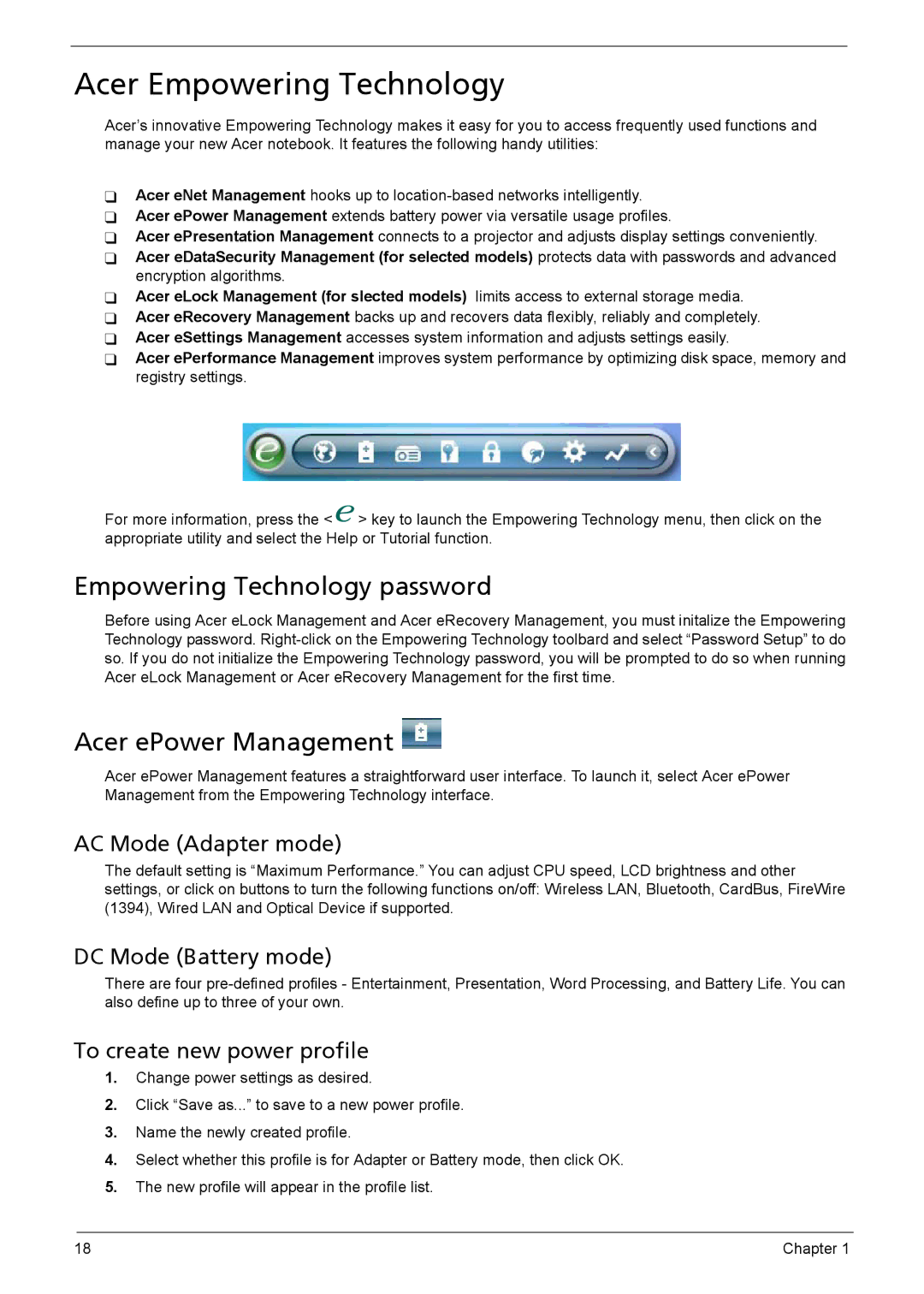 Acer 3040, 3030 manual Acer Empowering Technology, Empowering Technology password, Acer ePower Management 