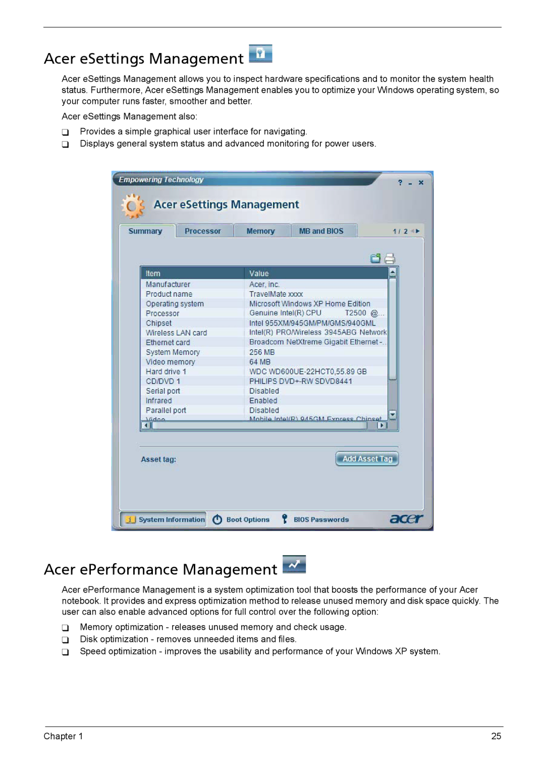 Acer 3030, 3040 manual Acer eSettings Management, Acer ePerformance Management 