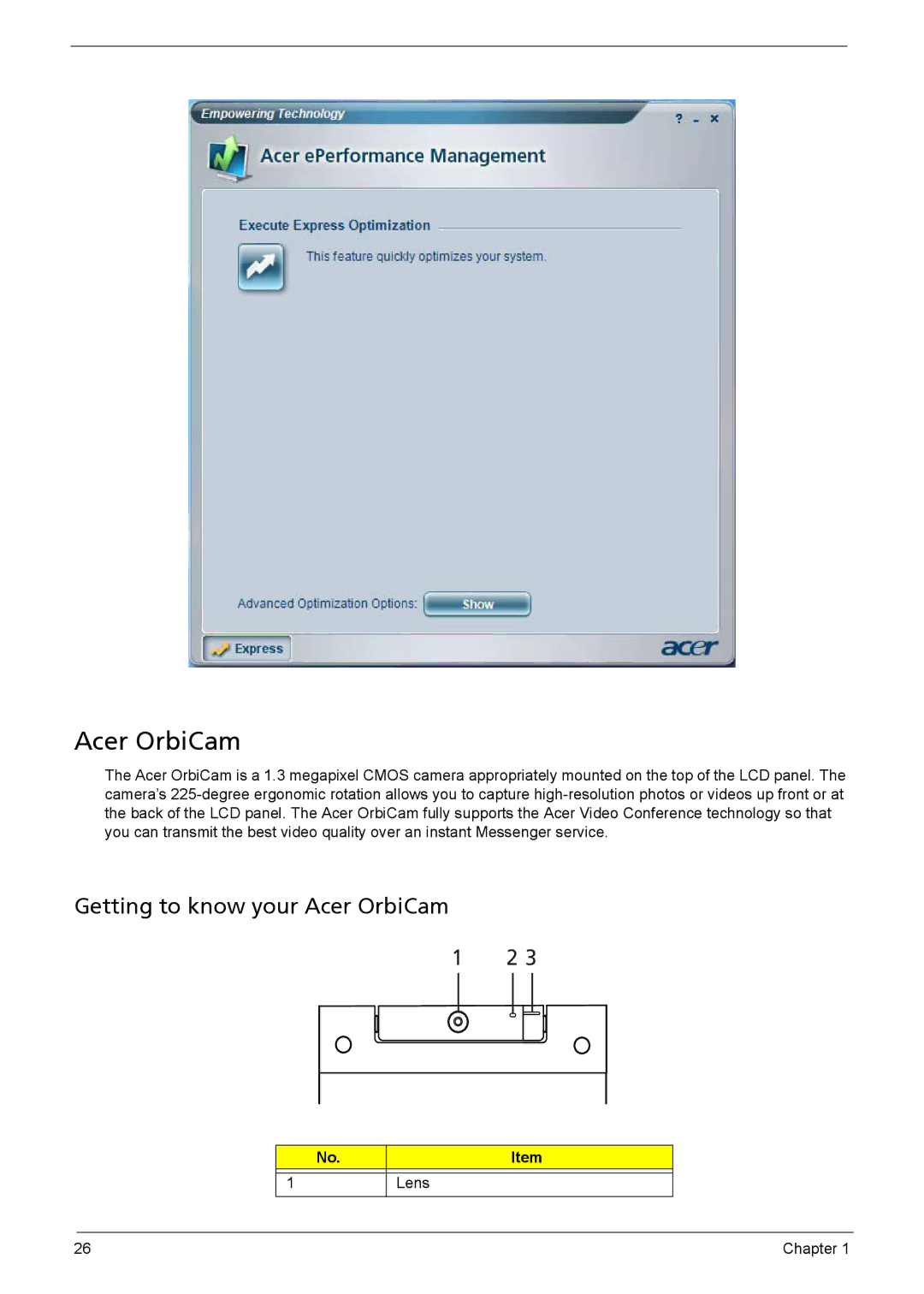 Acer 3040, 3030 manual Acer OrbiCam, Lens 