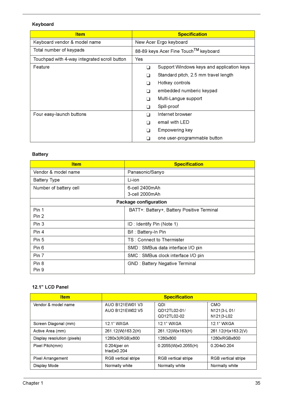 Acer 3030, 3040 manual Battery Specification, Package configuration, LCD Panel Specification 