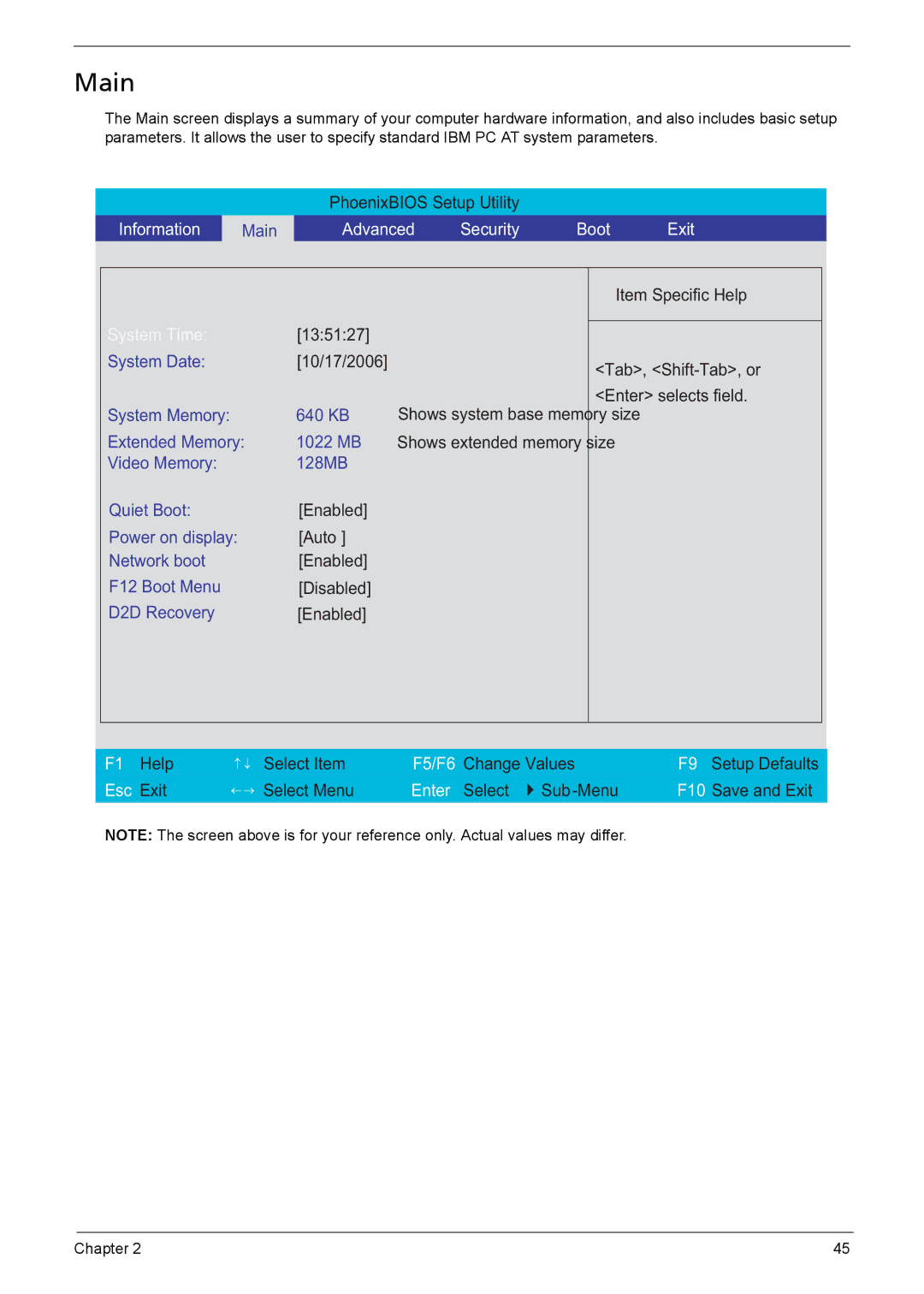 Acer 3030, 3040 manual Main, System Time 