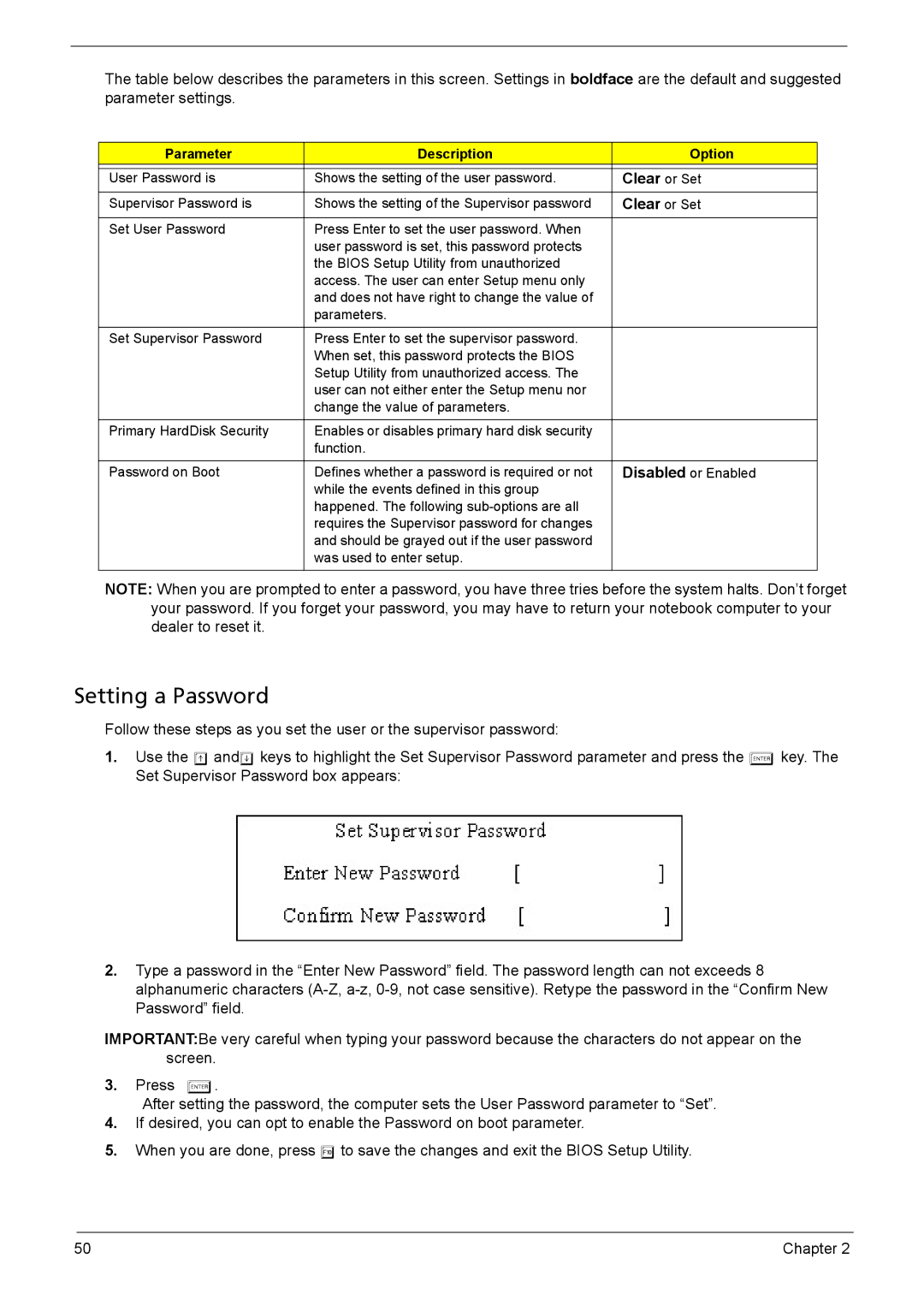 Acer 3040, 3030 manual Setting a Password, Clear or Set 